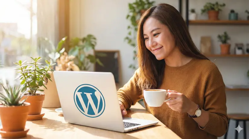 Small business owner managing WordPress website on laptop